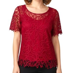 VTG Y2K Silken Poetry RED SILK CROCHET LACE TOP Beaded Trim Lined COCKTAIL sz L